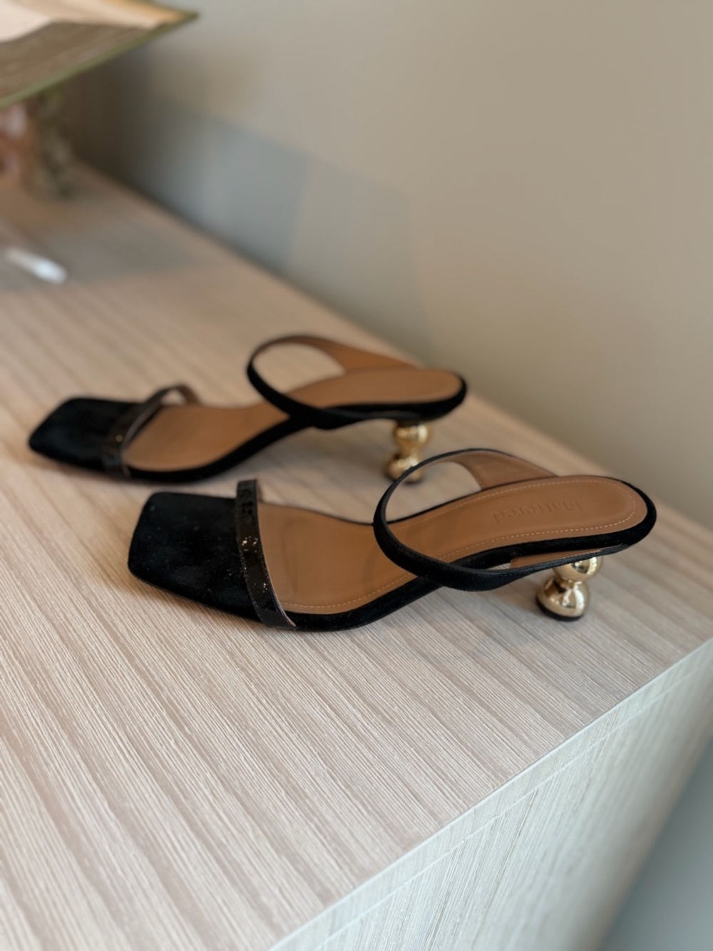Flattered Black Minimalist Sandals Gold Ball Heel Size 38